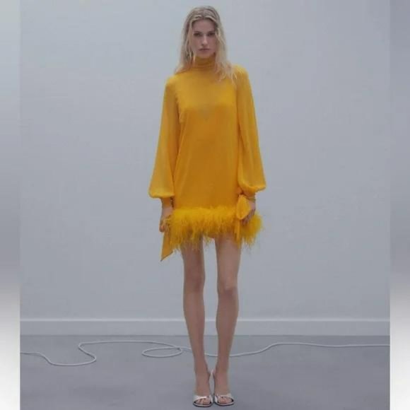 MANGO SEMITRANSPARENT FEATHER DRESS YELLOW - Picture 2 of 7